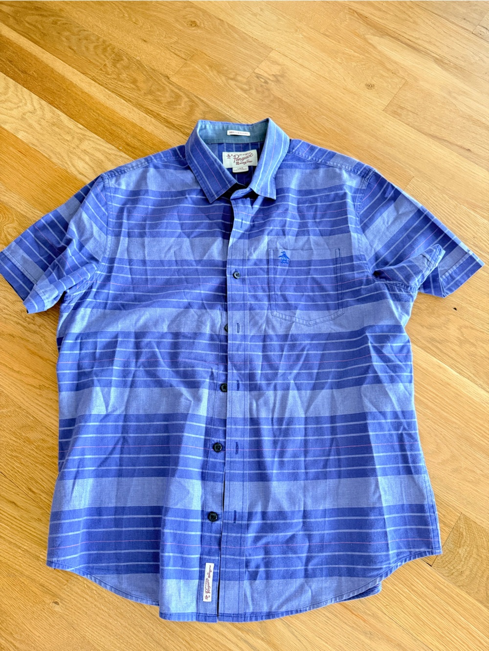 Blue Short-Sleeve Striped Casual Button-Down Shirt